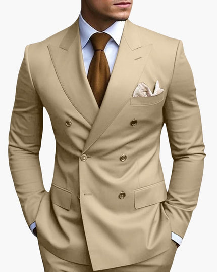 Beige double-breasted suit with notched lapels and brown tie