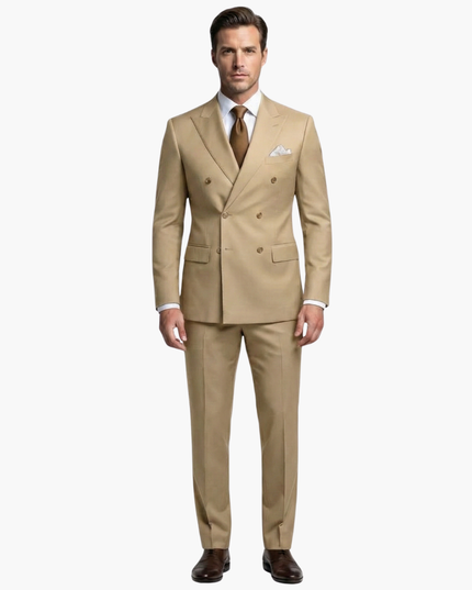 Full-length beige formal suit with double-breasted jacket and trousers