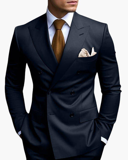 Navy double-breasted suit jacket with notched lapels and brown tie
