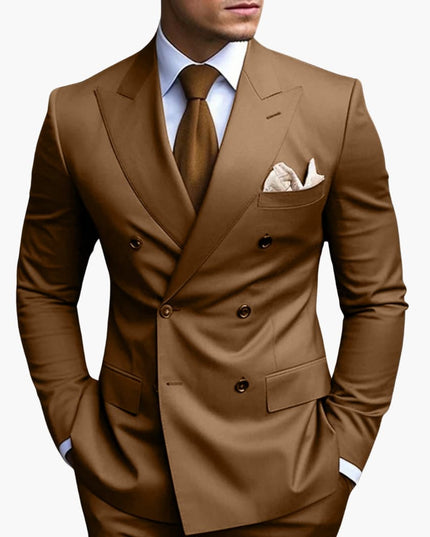 Tan double-breasted suit with notched lapels and brown tie detail