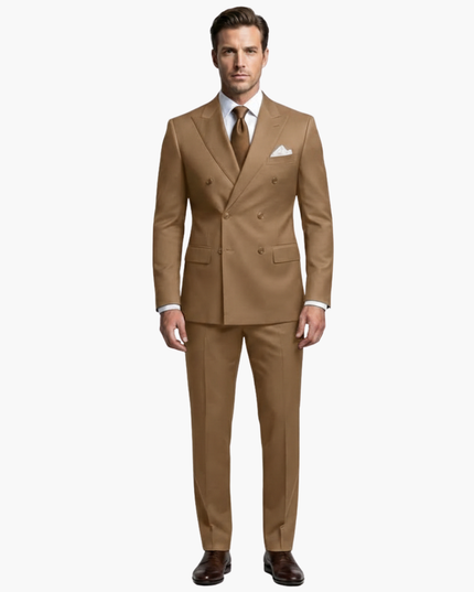 Tan formal suit complete outfit with double-breasted jacket and trousers