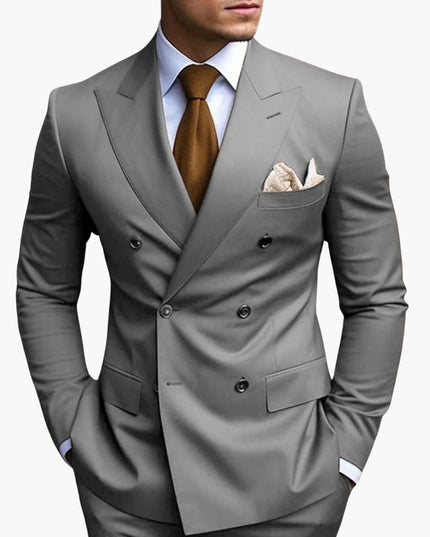 Gray double-breasted suit jacket with notched lapels and brown tie