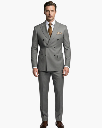 Gray formal suit full-length with double-breasted blazer and dress pants