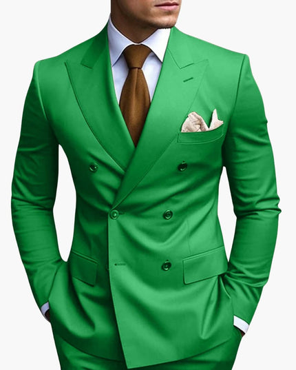 Bright green double-breasted suit with notched lapels and brown tie