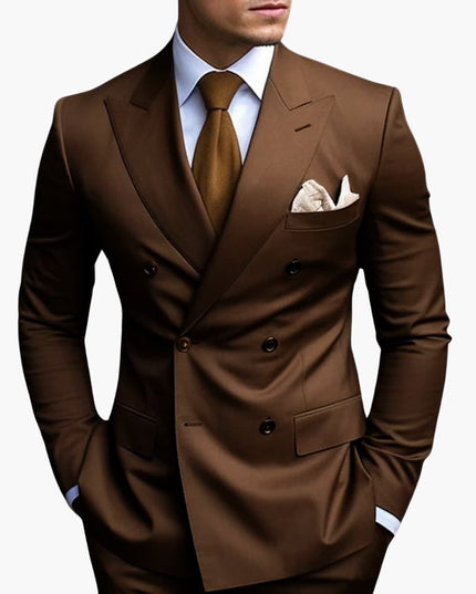 Close-up of brown double-breasted blazer with notched lapels and chest pocket