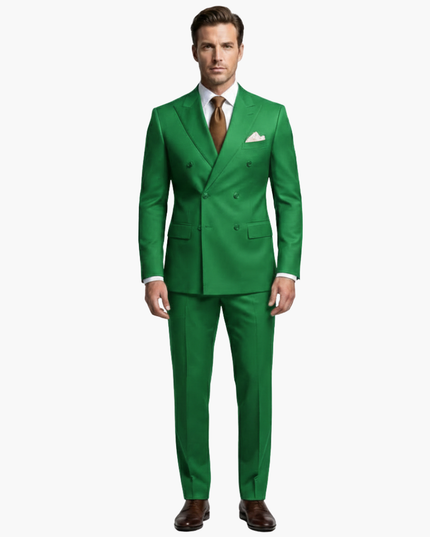 Green formal suit complete with double-breasted jacket and matching trousers