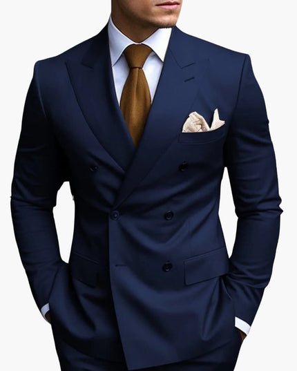 Navy double-breasted suit with notched lapels and brown tie