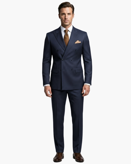 Full-length navy double-breasted formal suit with brown accessories
