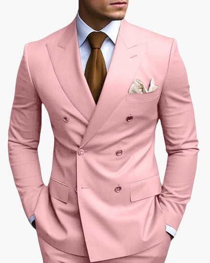 Pink double-breasted suit jacket with notched lapels and brown tie