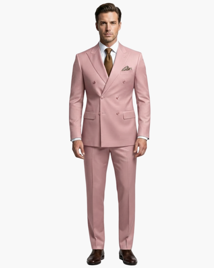 Full-length pink double-breasted formal suit with brown tie