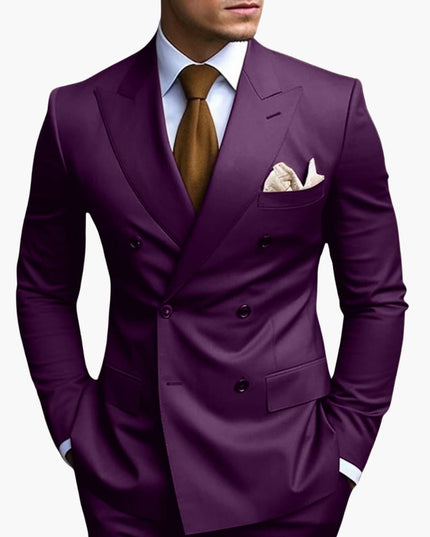 Purple double-breasted suit with notched lapels and brown tie