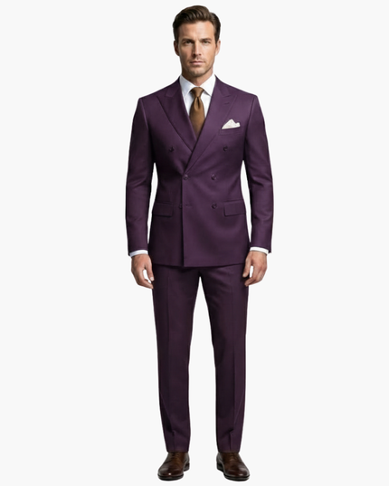 Full-length purple double-breasted formal suit with brown accessories