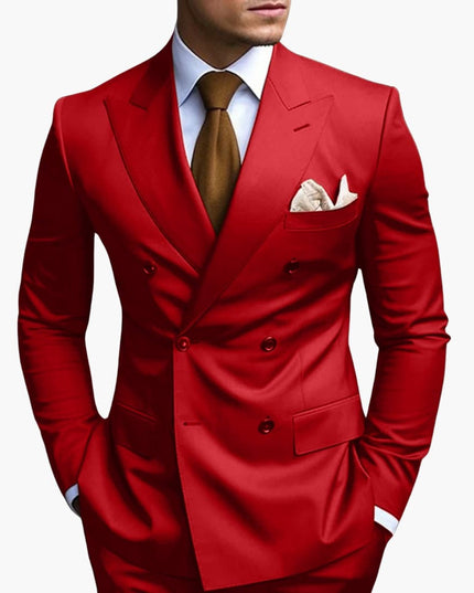 Red double-breasted suit jacket with notched lapels and brown tie