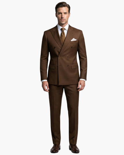 Brown double-breasted suit front view with notched lapels and brown tie