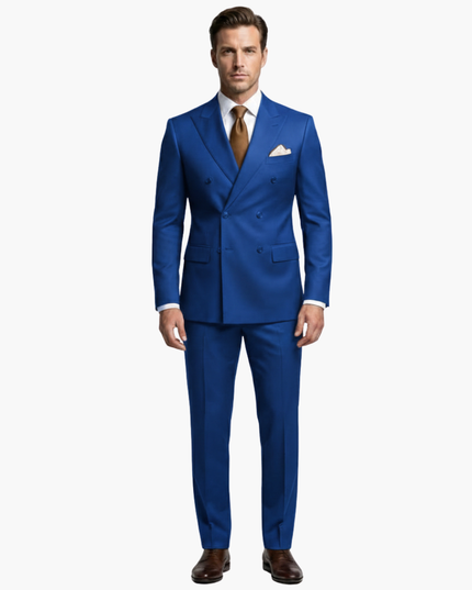 Full-length royal blue double-breasted formal suit with brown accessories