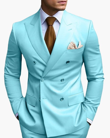 Light blue double-breasted suit jacket with notched lapels and pocket square detail
