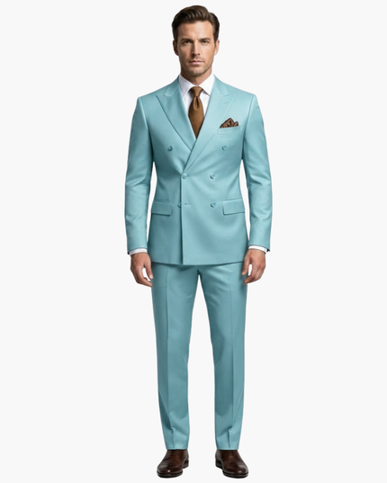 Full-length light blue double-breasted formal suit with matching trousers