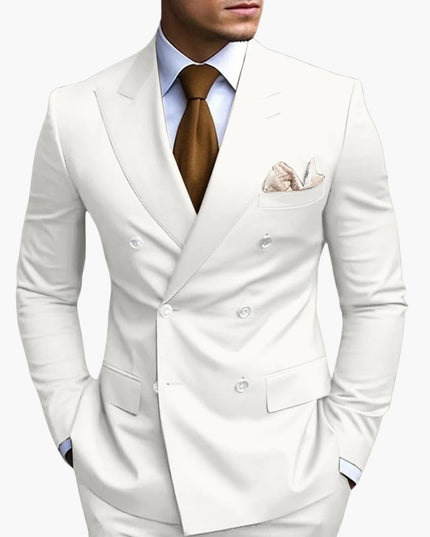 Cream double-breasted suit jacket with notched lapels and six-button front