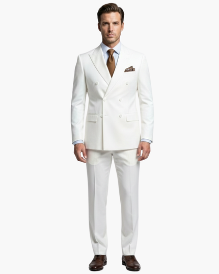 Full-length cream double-breasted formal suit with tailored trousers