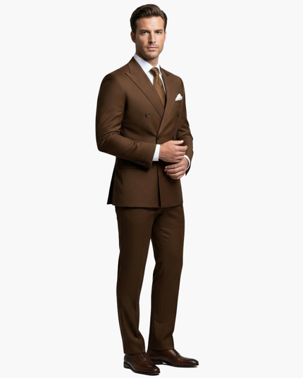 Brown double-breasted suit three-quarter view with notched lapels