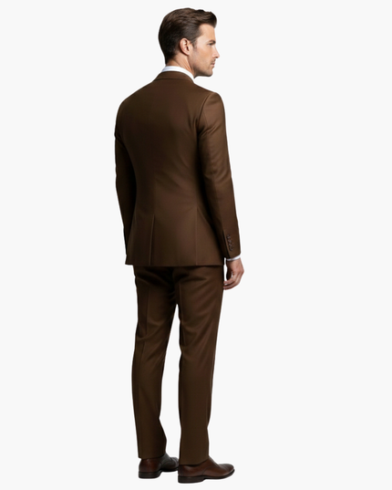 Back view of brown double-breasted suit jacket with notched lapels