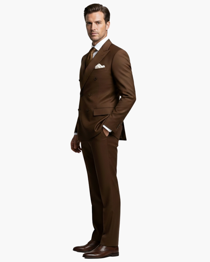 Brown double-breasted suit side profile showing notched lapels and fit