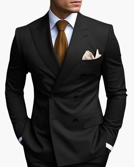 Black double-breasted suit with notched lapels and brown tie detail