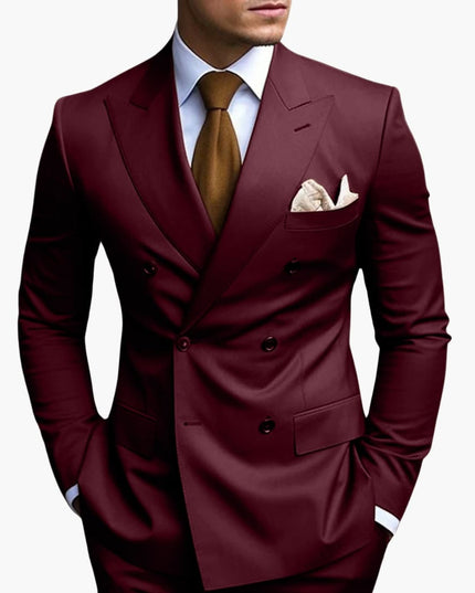 Burgundy double-breasted suit with notched lapels and brown tie