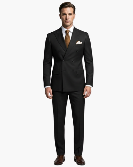 Black double-breasted suit front view with notched lapels and dress shirt
