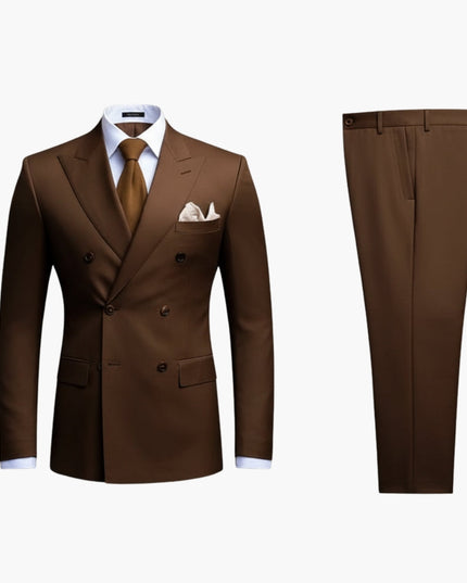 Brown double-breasted suit with notched lapels, matching tie, and dress pants