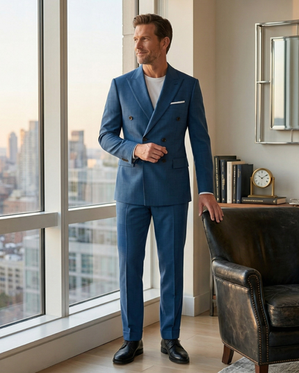 Green double-breasted formal blazer with notch lapels and chest pocket