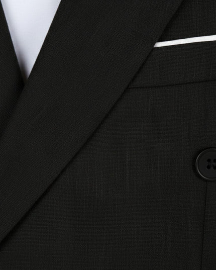 Black double-breasted formal blazer with notch lapels and white dress shirt