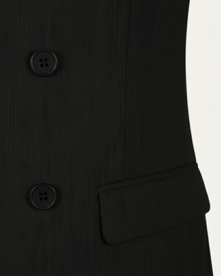 Black pinstriped formal blazer with two dark buttons and chest pocket detail