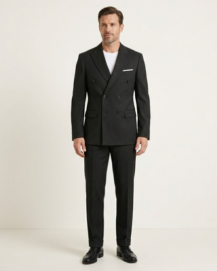 Black formal suit trousers with flat front and pressed crease