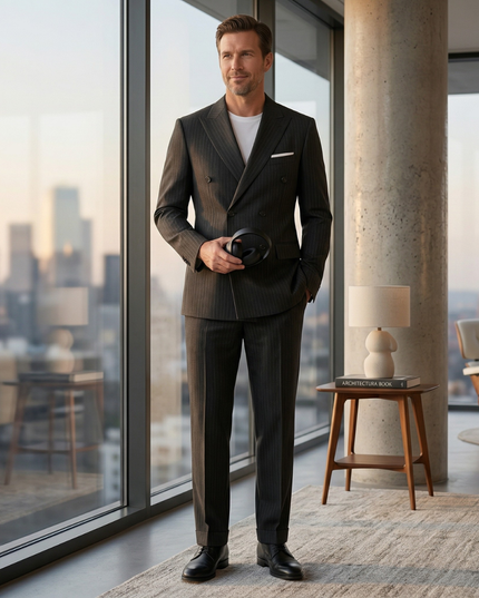 Man wearing burgundy double-breasted blazer suit with white shirt