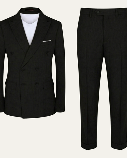 Black double-breasted formal blazer with notch lapels and white pocket square