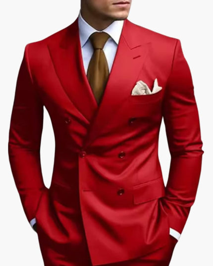Red double-breasted peak lapel formal suit with brown tie and white pocket square