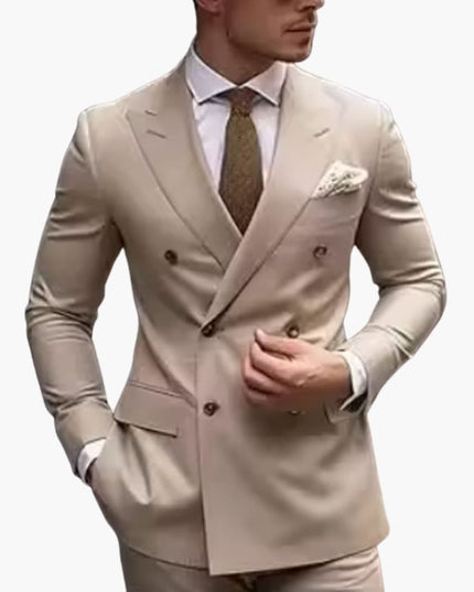 Beige double-breasted peak lapel formal suit with olive tie and white pocket square