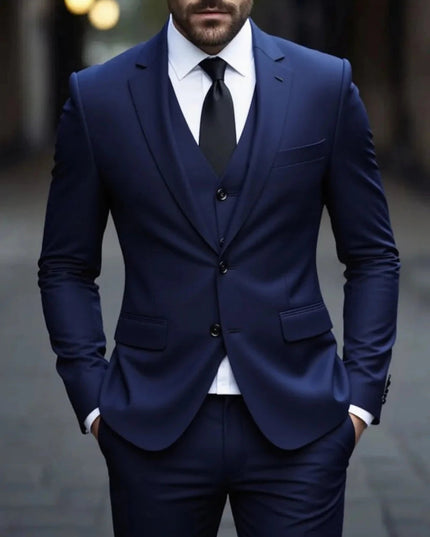 Dark blue double-breasted formal suit jacket with matching vest and trousers