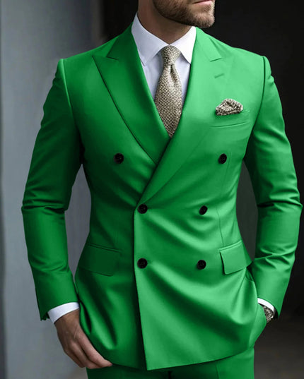 Bright green double breasted notch lapel suit with black button detail
