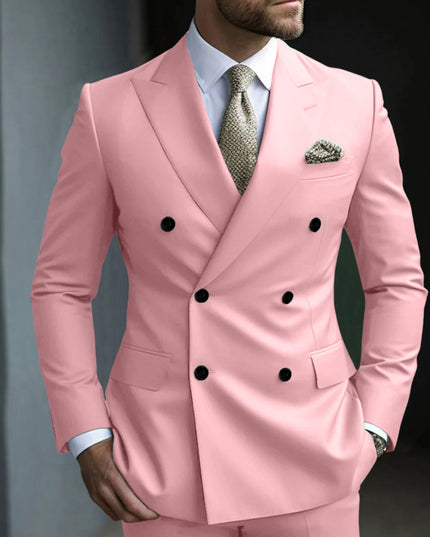Pink double breasted notch lapel suit with black buttons and pocket detail