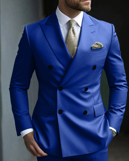 Bright blue double breasted suit with notch lapels and black buttons
