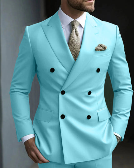 Mint green double breasted formal suit with notch lapels and black buttons