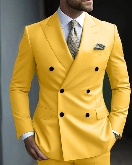 Yellow double breasted formal suit with notch lapels and black buttons