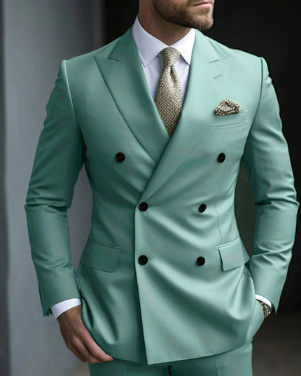 Light sage double breasted notch lapel suit front view with pocket square