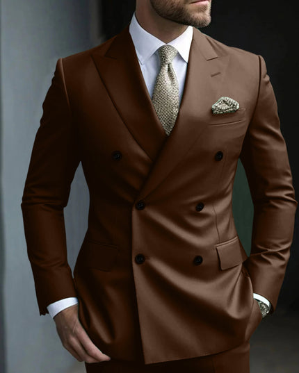 Chocolate brown double breasted notch lapel suit with black buttons