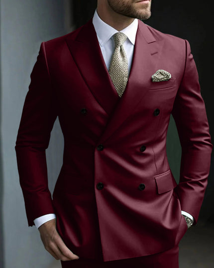Burgundy double breasted formal suit with notch lapels and white shirt