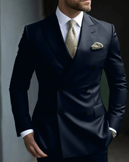 Navy blue double breasted formal suit with notch lapels front view