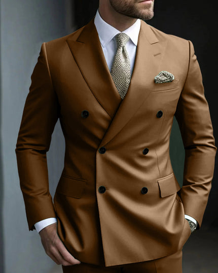 Caramel tan double breasted notch lapel suit with pocket detail