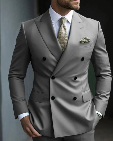 Light gray double breasted formal suit with notch lapels and tie